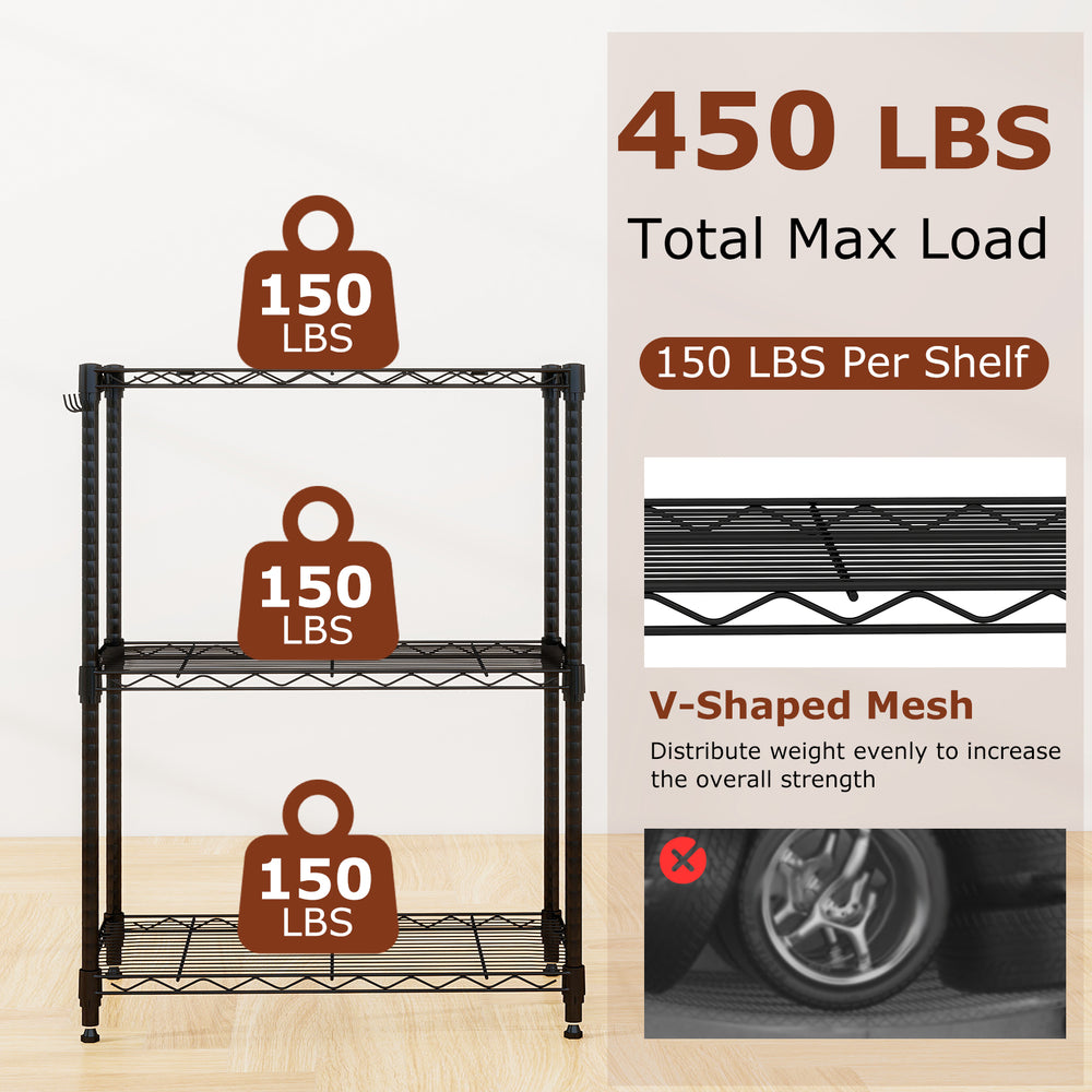 3-tier black metal storage shelving unit with V-shaped mesh, 450 lbs capacity, ideal for kitchen and garage.