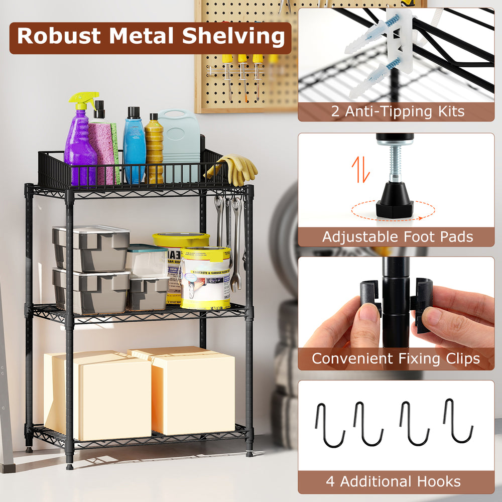 3-tier black metal storage shelving unit with adjustable shelves, V-shaped wire rack, and 450 lbs capacity for.