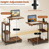 Height-adjustable mobile couch side table with a tiltable tabletop, featuring a sturdy metal frame and ample storage space.