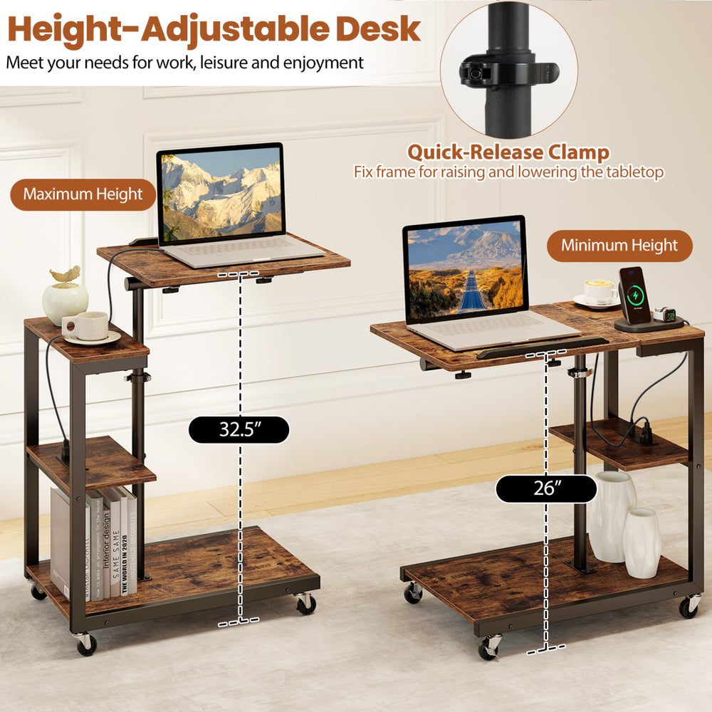 Height-adjustable mobile couch side table with a tiltable tabletop, featuring a sturdy metal frame and ample storage space.