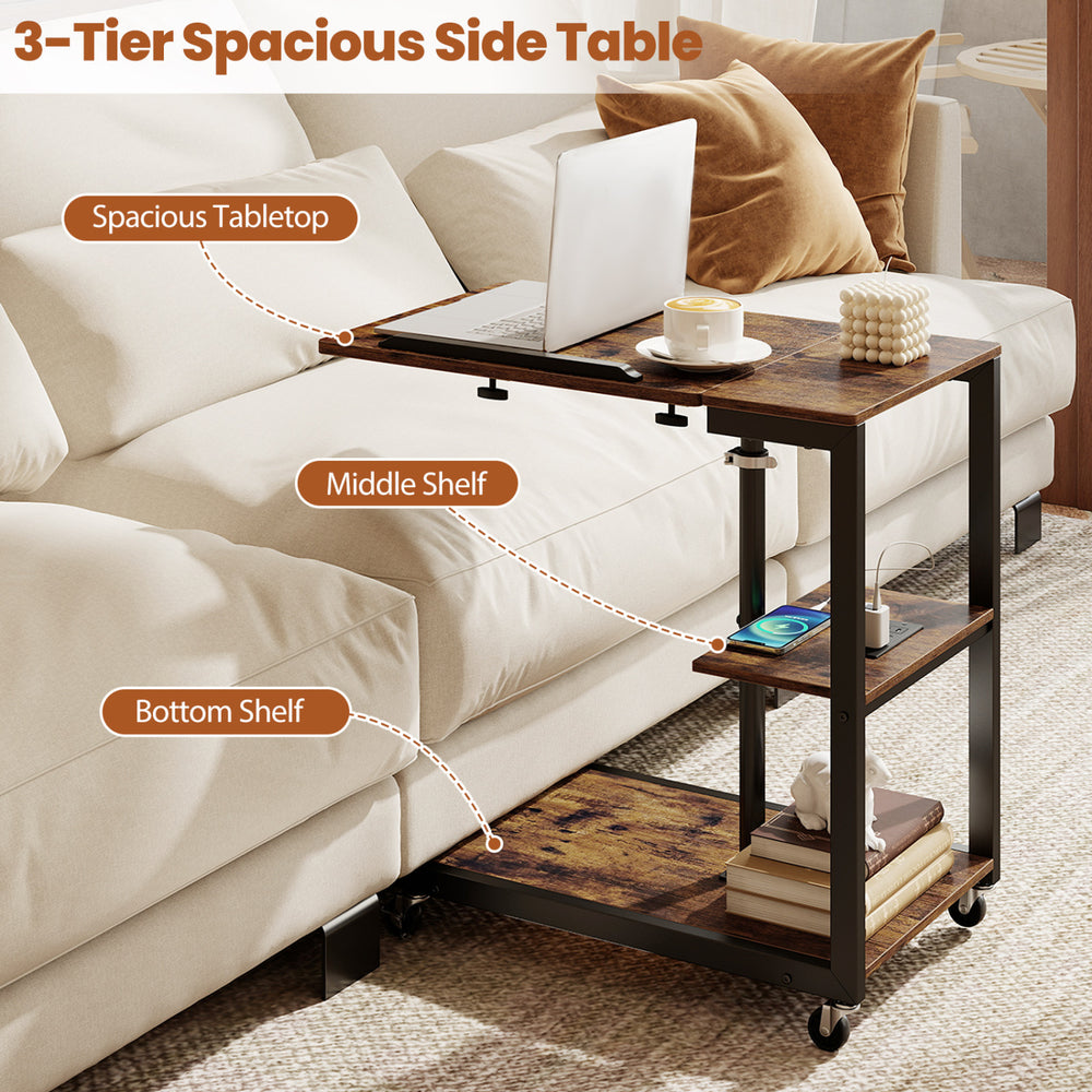 3-tier mobile couch side table with adjustable height, spacious tabletop, and wheels for easy mobility and convenience.