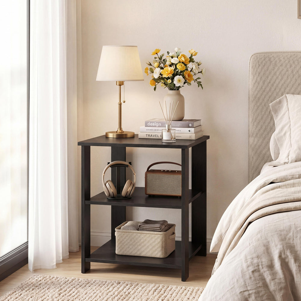 3-Tier Modern Nightstand Square Side Table with Open Storage Shelves-Black - Gallery View 1 of 9