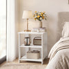 White 3-tier modern nightstand with open storage shelves, perfect for compact areas in the bedroom or living room.