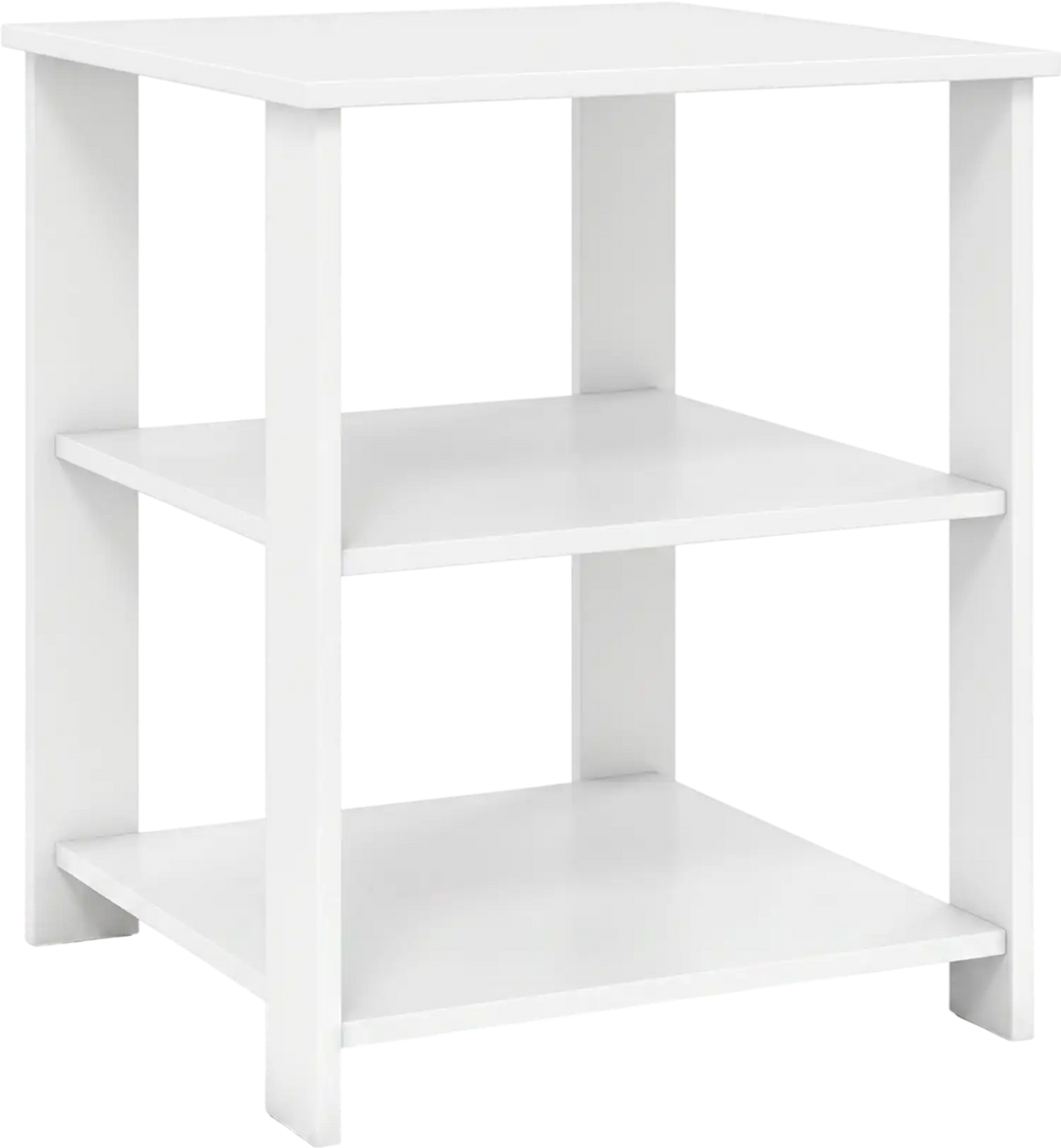 White 3-tier modern nightstand with open storage shelves, perfect for compact areas and easy access to items.