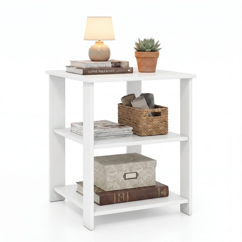 White 3-tier modern nightstand with open storage shelves, perfect for compact areas in living room or bedroom.