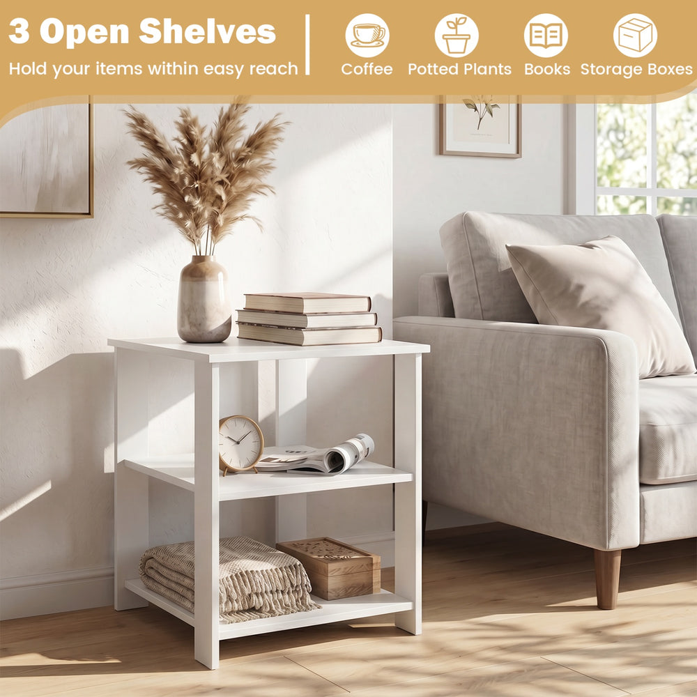 3-tier white nightstand with open storage shelves, perfect for compact areas in living room or bedroom.