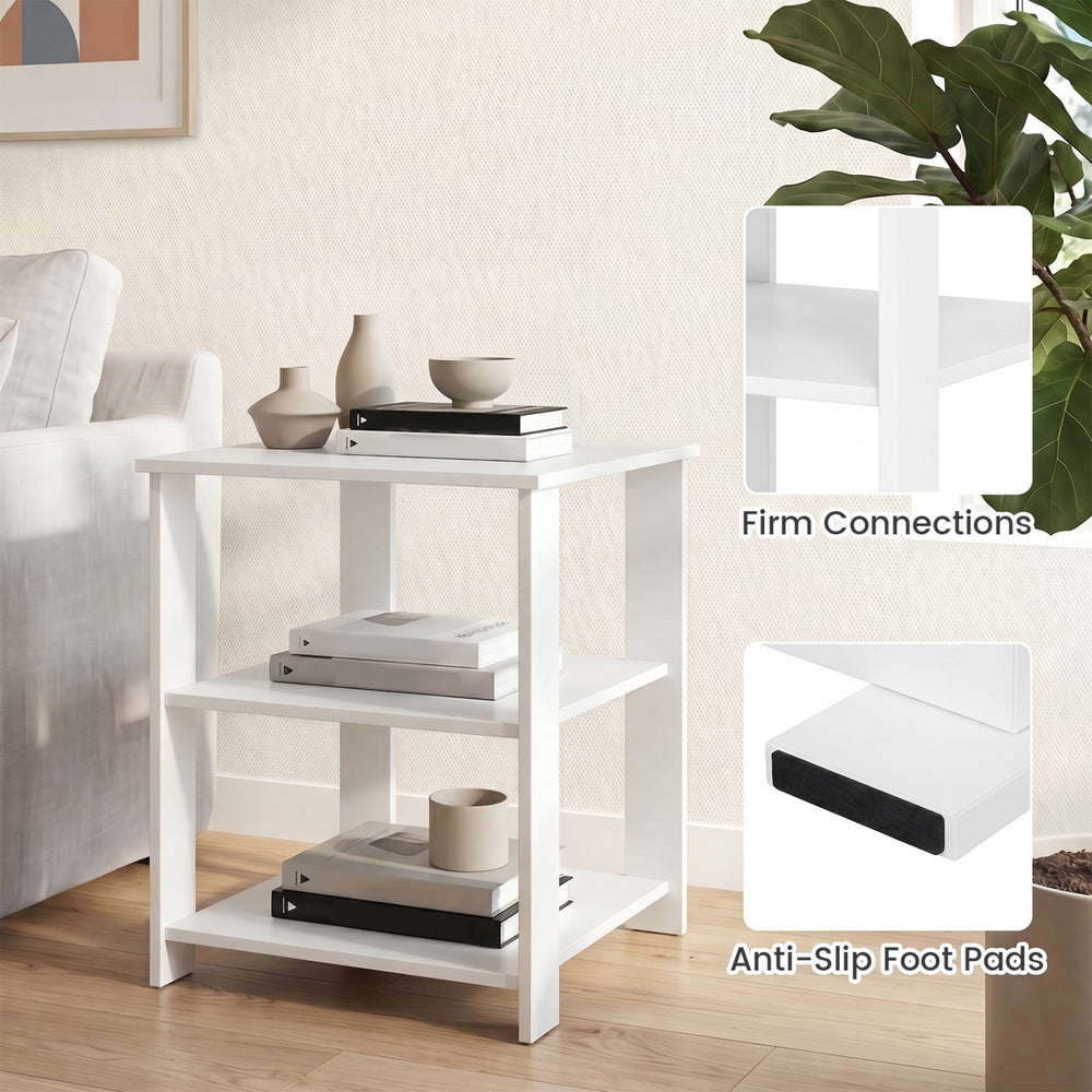 3-tier white nightstand with open storage shelves, featuring anti-slip foot pads and a scratch-resistant finish.