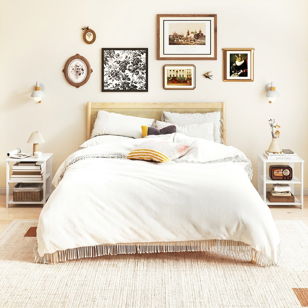 White 3-tier modern nightstand with open storage shelves, ideal for compact spaces in bedrooms or living rooms.