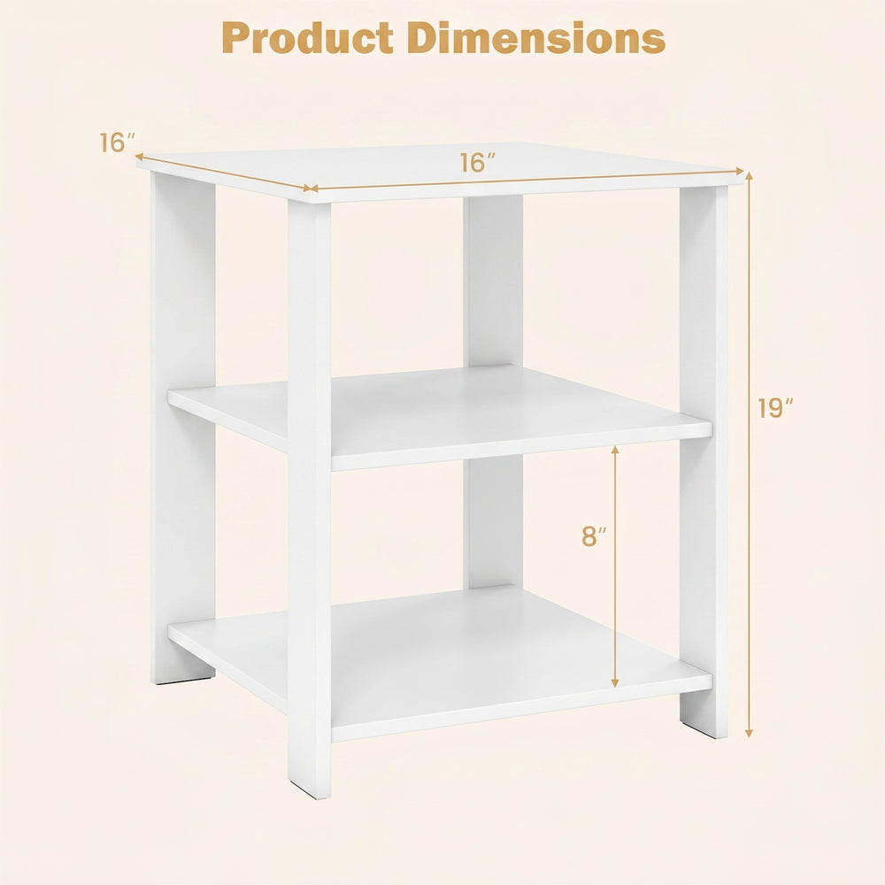 3-tier white nightstand with open storage shelves, dimensions 16"x16"x19", ideal for compact living spaces.