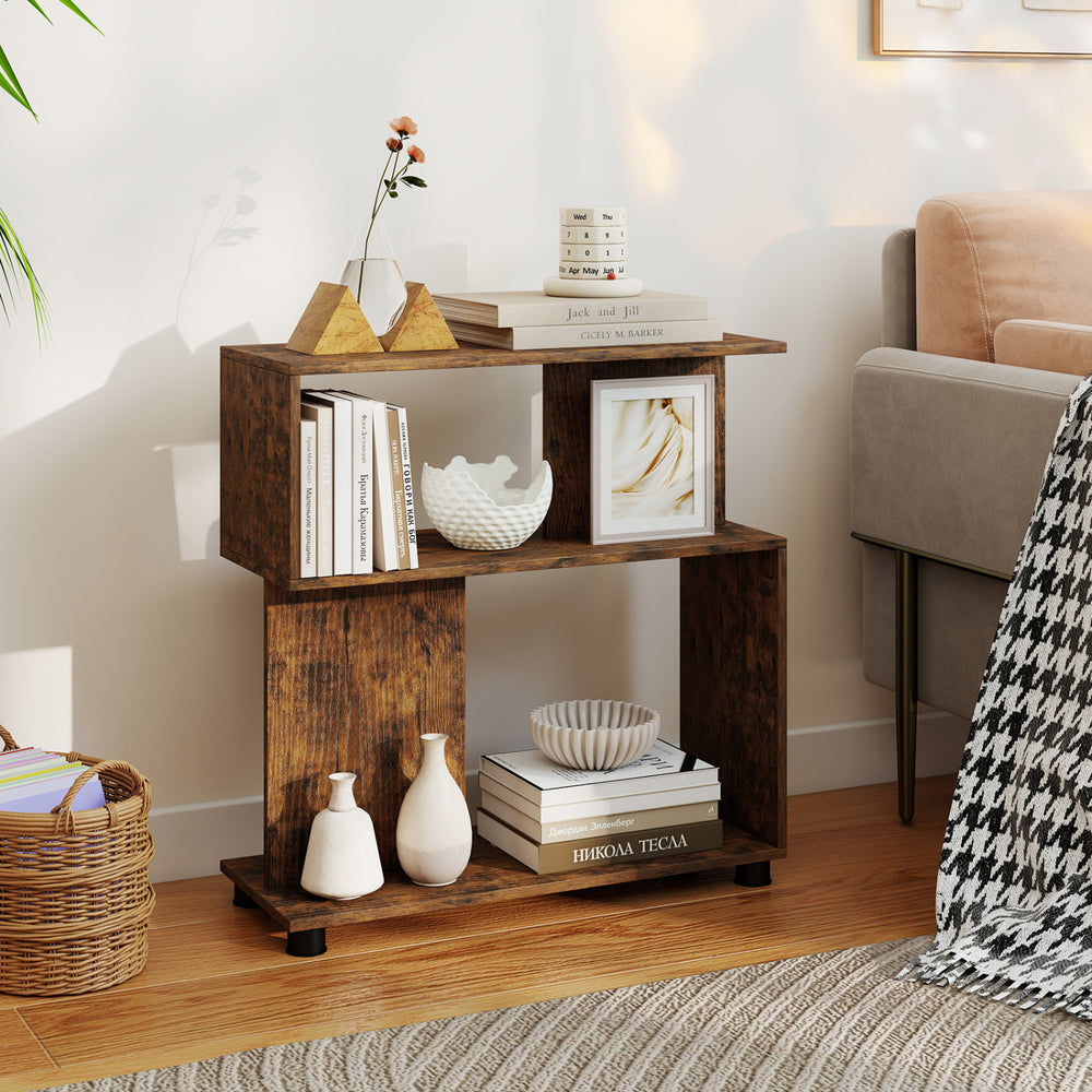 3-Tier Modern S-shaped Bookshelf with Adjustable Feet-Rustic Brown - Gallery View 1 of 10
