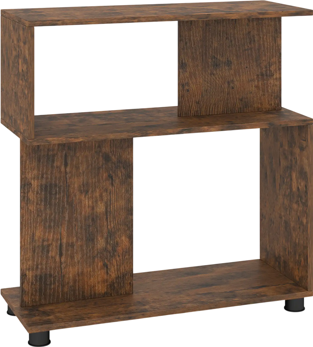 3-tier rustic brown S-shaped bookshelf with adjustable feet, perfect for books and decor in small spaces.