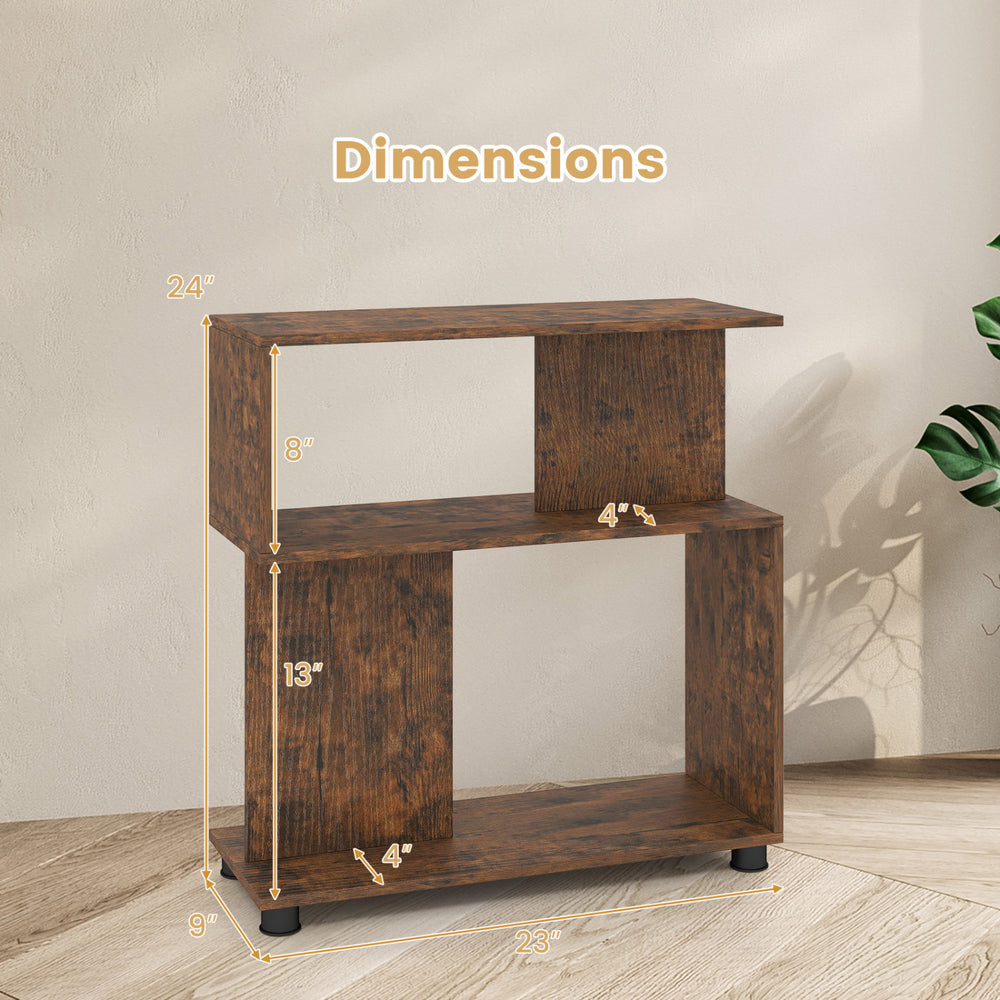 3-tier S-shaped bookshelf in rustic brown with dimensions, featuring adjustable feet for stability and space-saving.