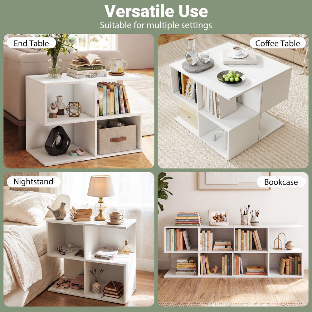 Modern S-shaped end table in white with 4 storage cubes, ideal for living room, nightstand, or coffee table use.