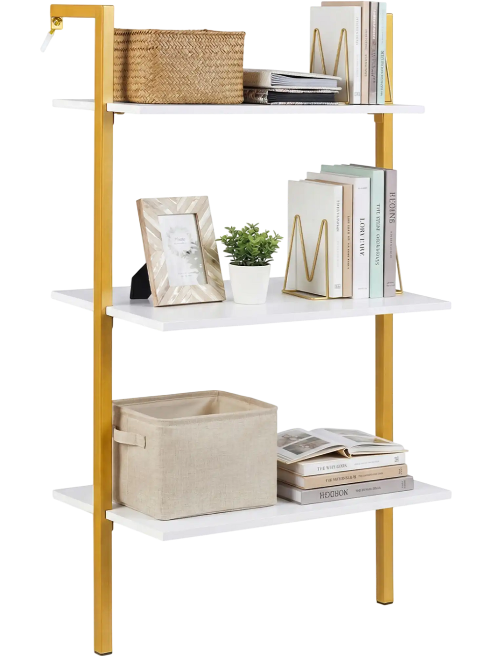 Three-tier white wooden floating shelving unit with gold metal ladder, ideal for stylish storage and display.