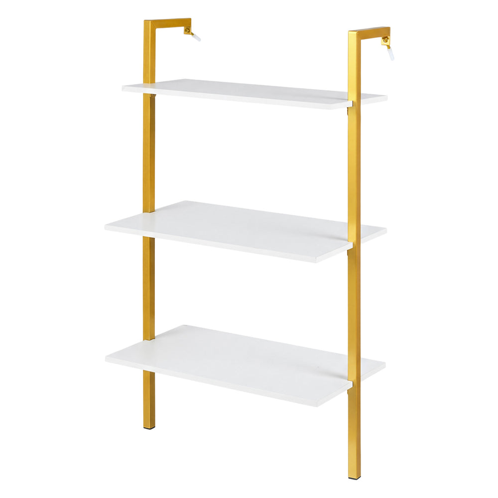Three-tier modern wall-mounted shelving unit with white wooden shelves and gold metal ladder frame for stylish storage.