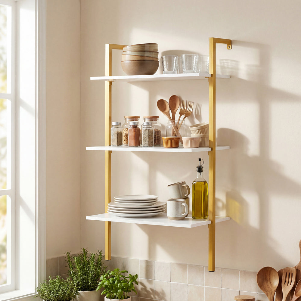 3-tier modern wall-mounted shelving unit in white with gold metal ladder, perfect for kitchen organization and decor.