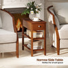 Narrow side table with drawer and shelves in brown, ideal for small spaces in living room or office settings.