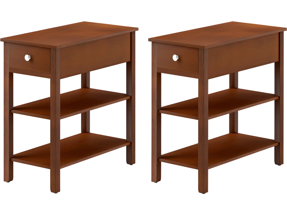 Narrow 3-tier end tables in brown with a drawer and shelves, perfect for small spaces in living rooms or offices.