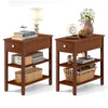 Narrow brown end tables set of 2 with a drawer and storage shelves, ideal for small spaces in living rooms or offices.