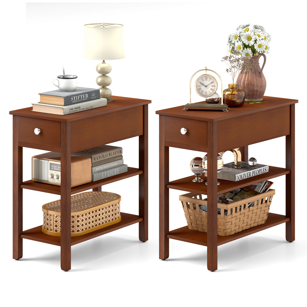 Narrow brown end tables set of 2 with a drawer and storage shelves, ideal for small spaces in living rooms or offices.