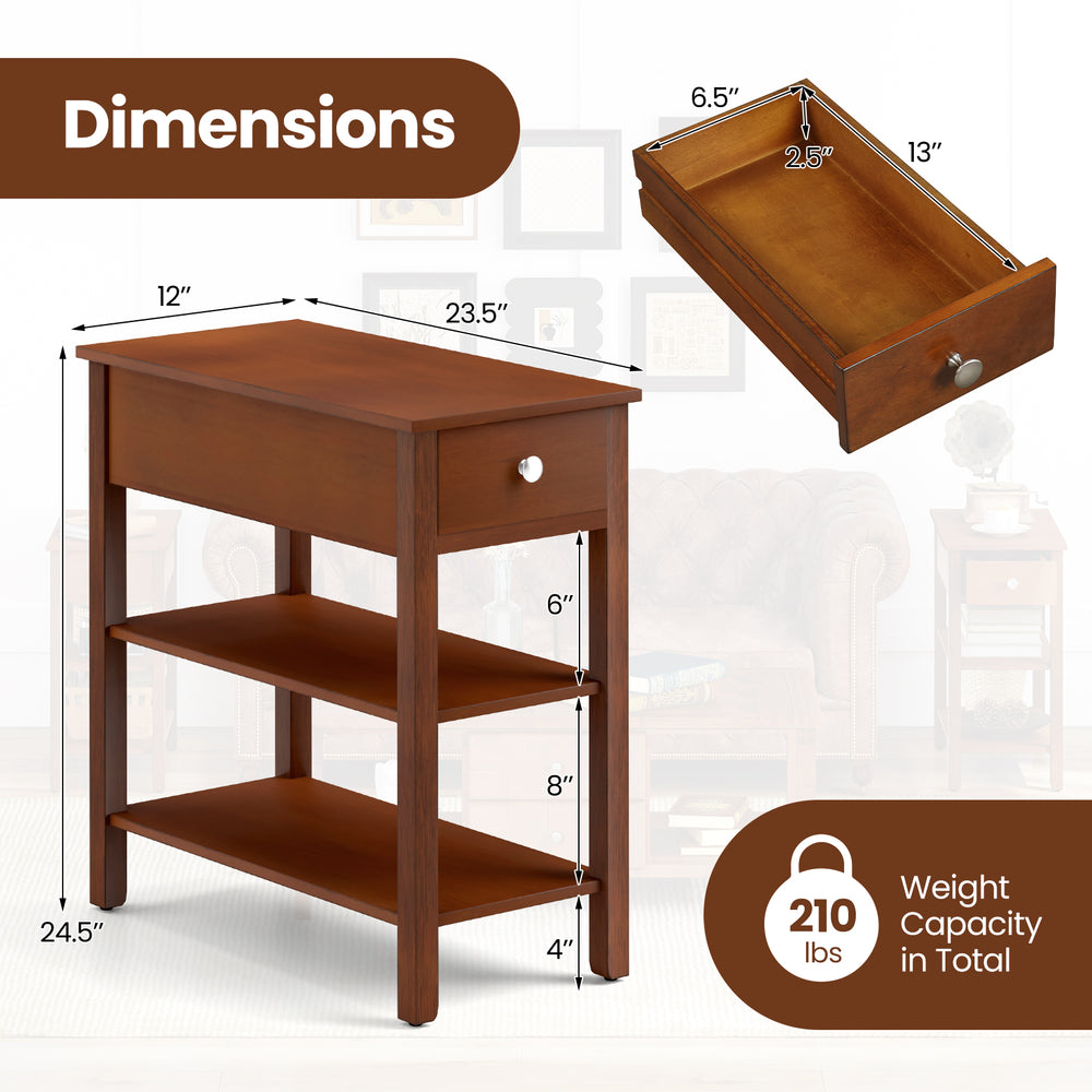 Narrow 3-tier end table in brown with a drawer and shelves, ideal for small spaces in living rooms or offices.