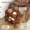 Narrow brown end table with a pull-out drawer and open shelves, ideal for small spaces in living rooms or offices.