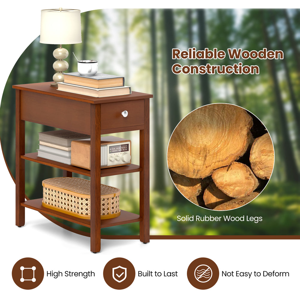 3-tier narrow end table set of 2 in brown with solid rubber wood legs, featuring a drawer and storage shelves for small.