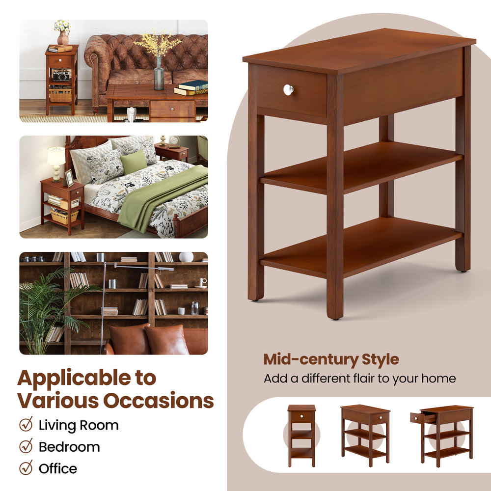 3-tier narrow end table in brown with drawer and shelves, perfect for small spaces in living room or office.