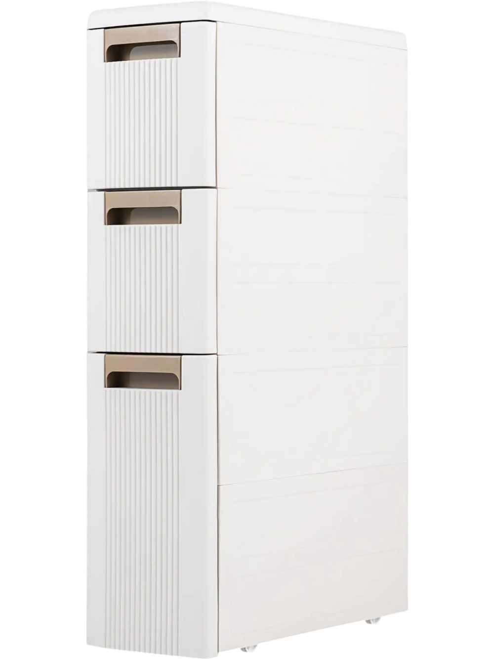 Narrow 3-tier storage cabinet in beige with three drawers, removable dividers, and smooth rolling wheels for versatile use.