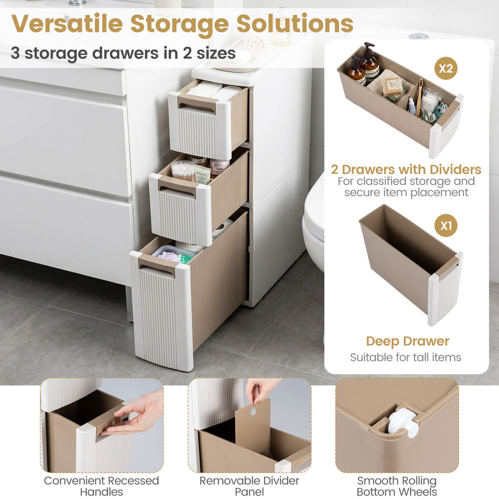 3-tier narrow storage cabinet in beige with 3 drawers, 2 dividers, and smooth rolling wheels for versatile organization.