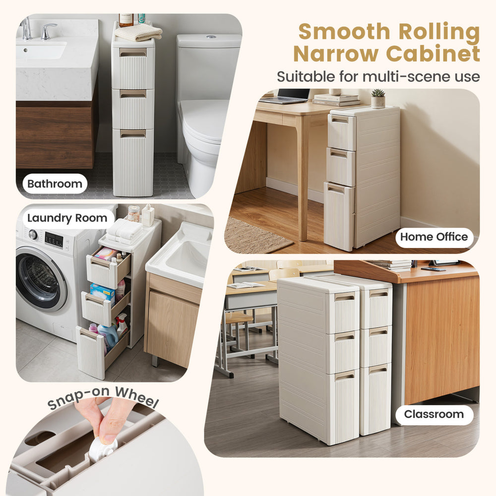 Slim rolling cart with 3 drawers and removable dividers in beige, perfect for bathroom, laundry, or home office use.