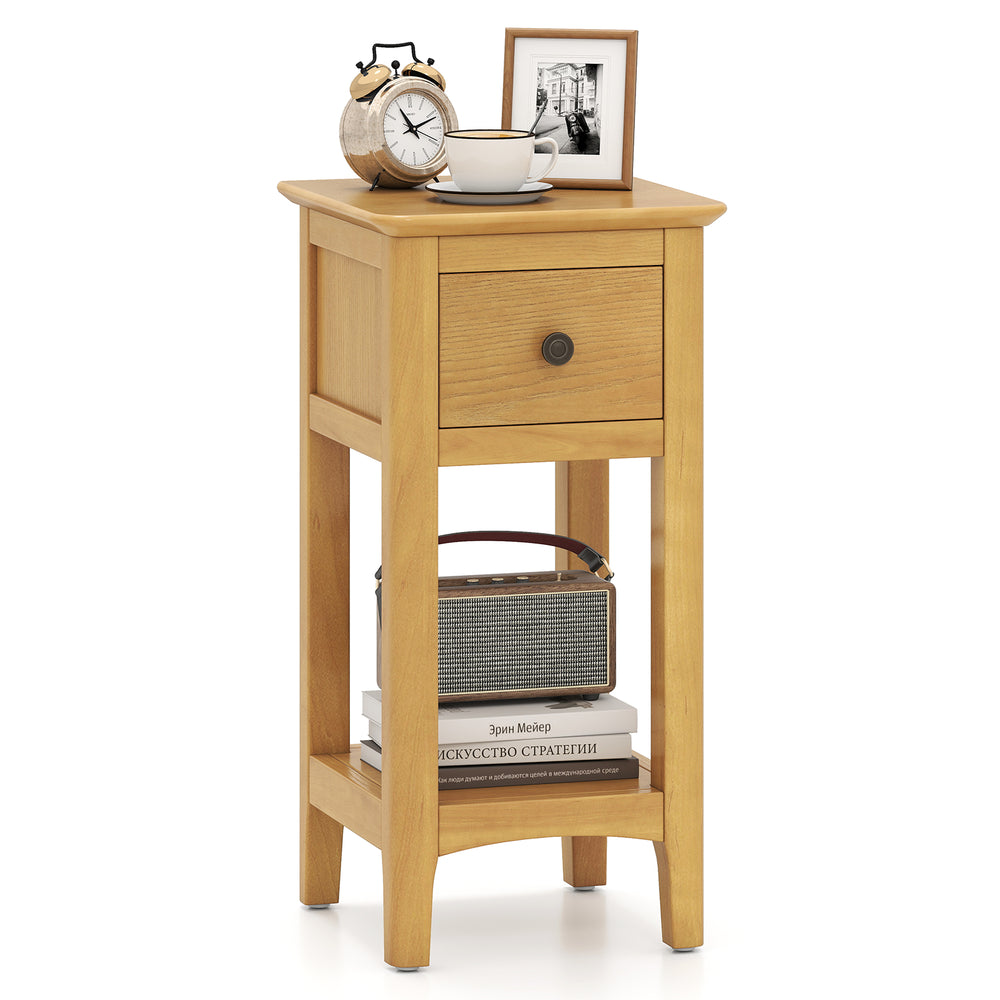3-tier nightstand in natural wood with a drawer and open shelf, perfect for bedroom or living room storage.