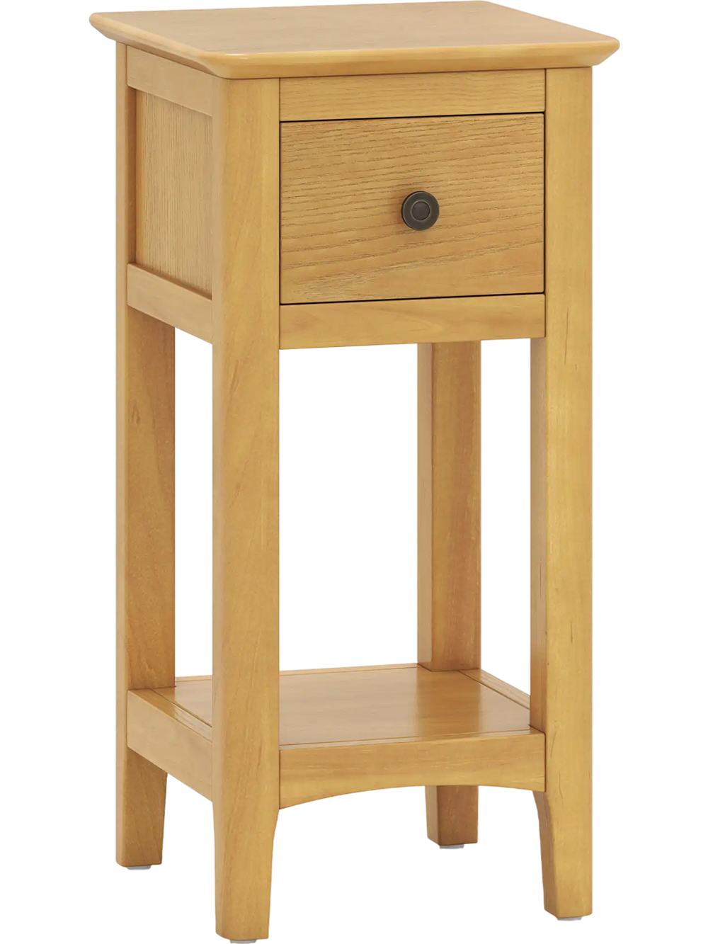 Natural 3-tier nightstand with drawer and open storage shelf, solid wood frame for bedroom or living room use.