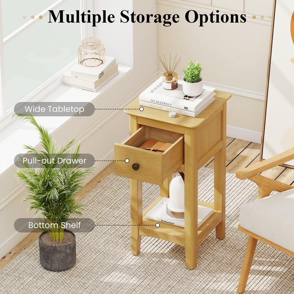 3-tier nightstand with a pull-out drawer and open storage shelf in natural wood, ideal for living room or bedroom use.