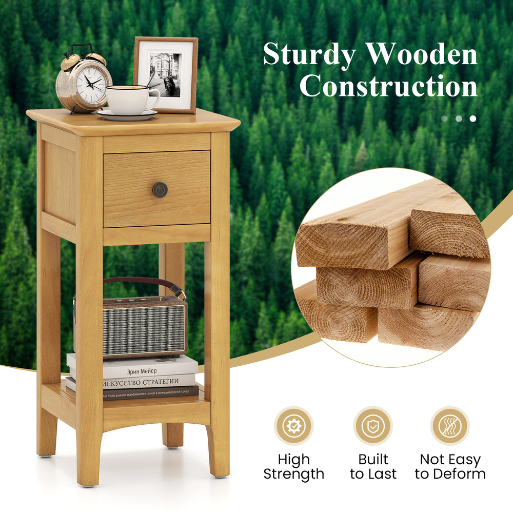 3-tier nightstand in natural wood with drawer and open shelf, perfect for living room or bedroom storage and display.