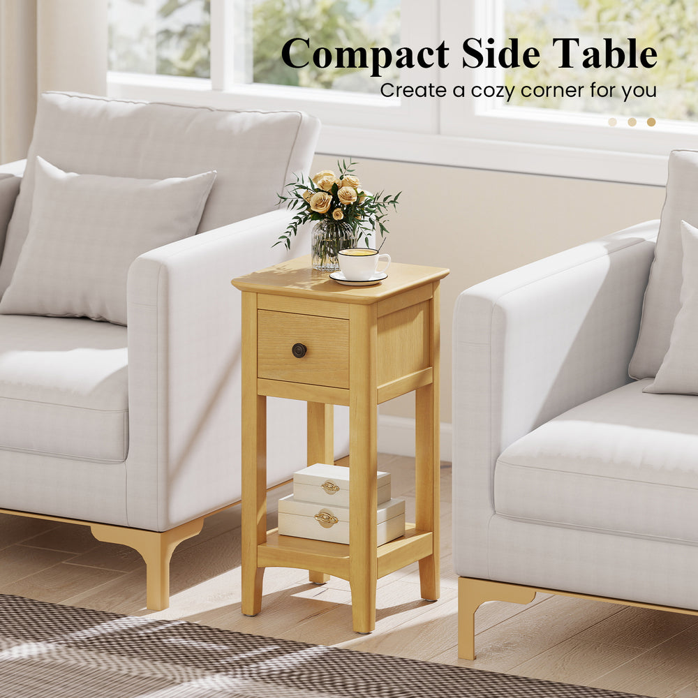 Compact side table in natural wood with a drawer and open shelf, perfect for cozy corners in living rooms or bedrooms.