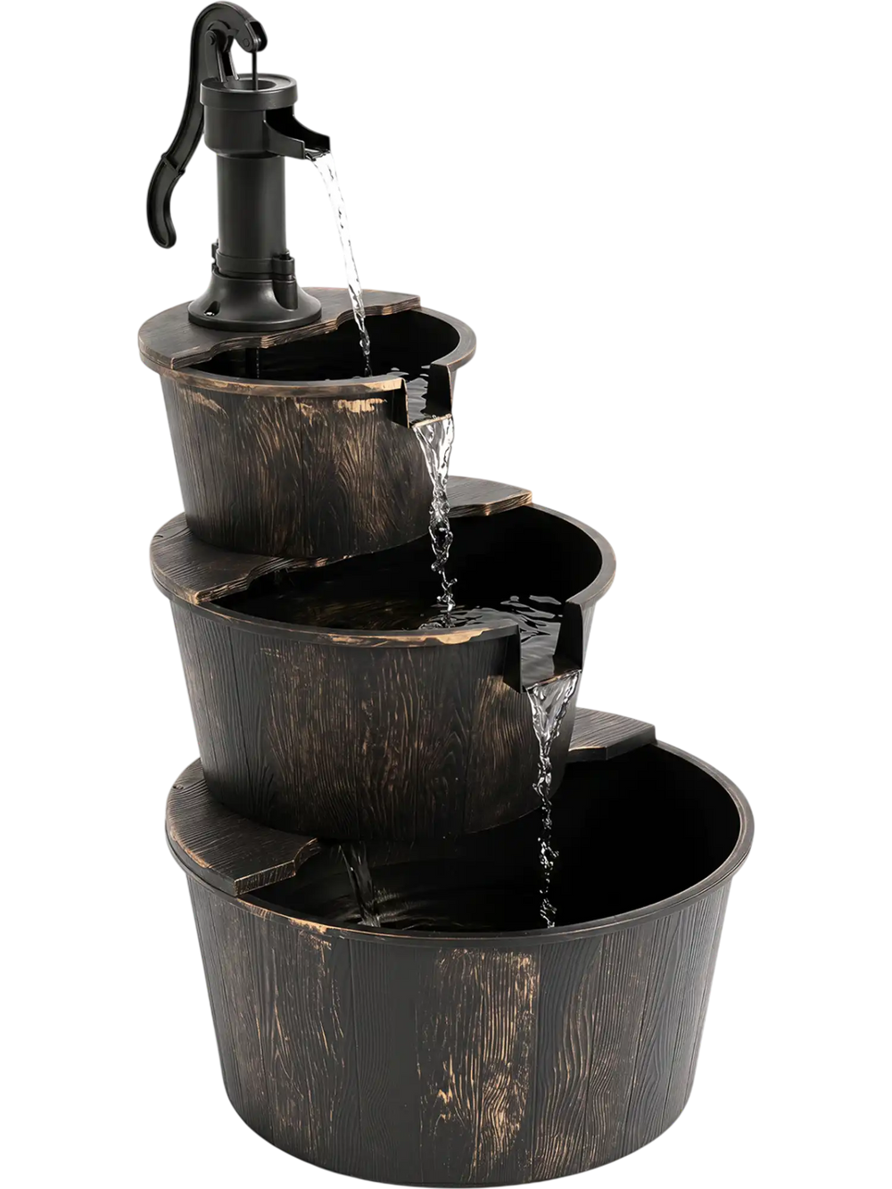 3-Tier Outdoor Barrel Waterfall Fountain with Electric Pump