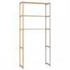 3-tier over the toilet storage rack in gray with open shelves, made of solid pine wood for bathroom organization.