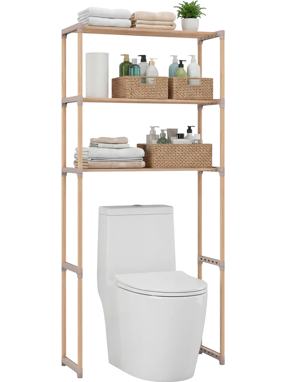 3-tier over the toilet storage rack in gray with open shelves, showcasing a natural pine wood finish for rustic.