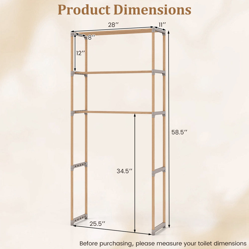 3-tier over the toilet storage rack dimensions, featuring solid pine wood and open shelves for bathroom organization.