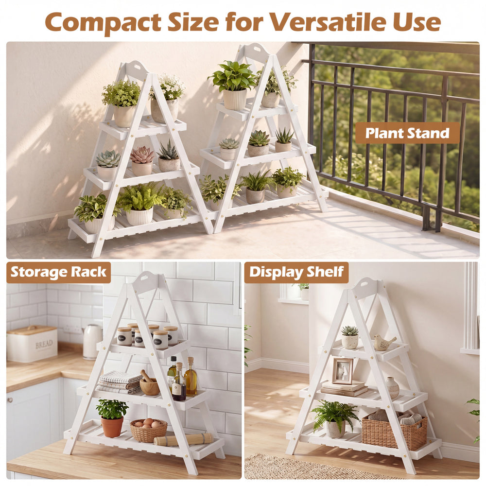 3-tier white plant stand made of fir wood, ideal for displaying potted plants in small spaces like balconies or corners.