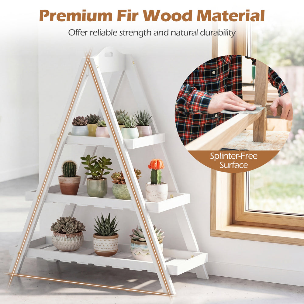 3-tier white plant stand made of solid fir wood, featuring an A-frame design for stability, ideal for indoor or outdoor.