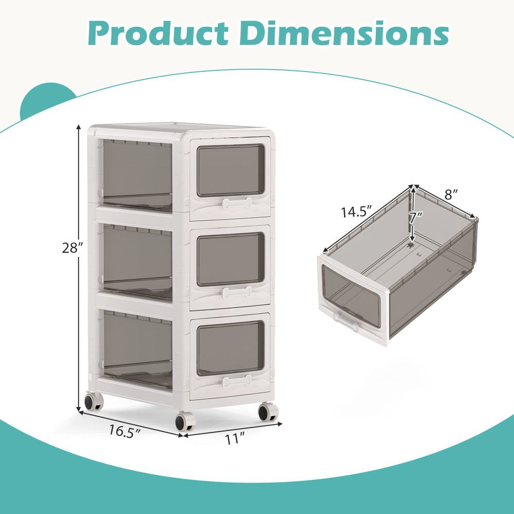 3-tier plastic drawer storage organizer cart with lockable wheels, dimensions 28"x16.5"x11", ideal for versatile.