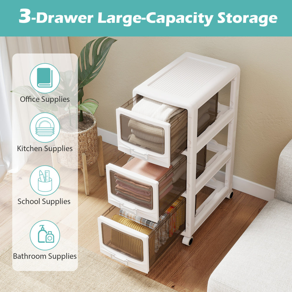 3-tier plastic drawer storage organizer cart with lockable wheels, ideal for office, kitchen, school, or bathroom.