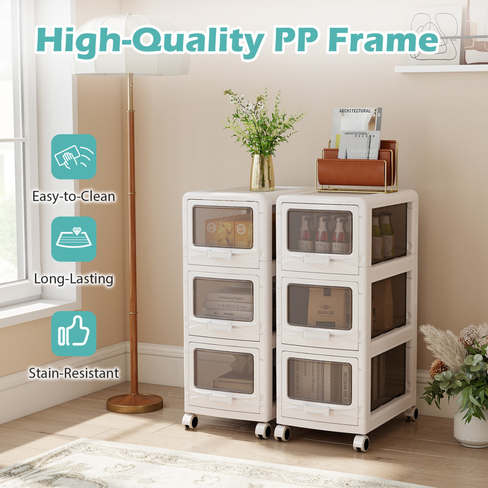 3-tier rolling cart with lockable wheels, featuring easy-to-clean, stain-resistant plastic drawers for versatile.