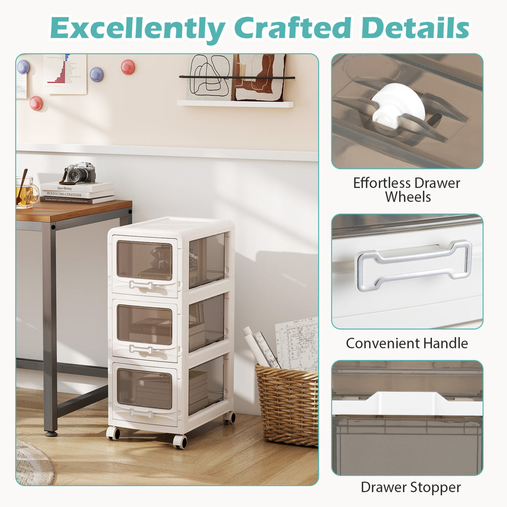 3-tier plastic drawer storage organizer with lockable wheels, featuring convenient handle and effortless drawer wheels.