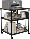 3-tier black printer stand with adjustable shelves and swivel wheels, ideal for office organization and mobility.