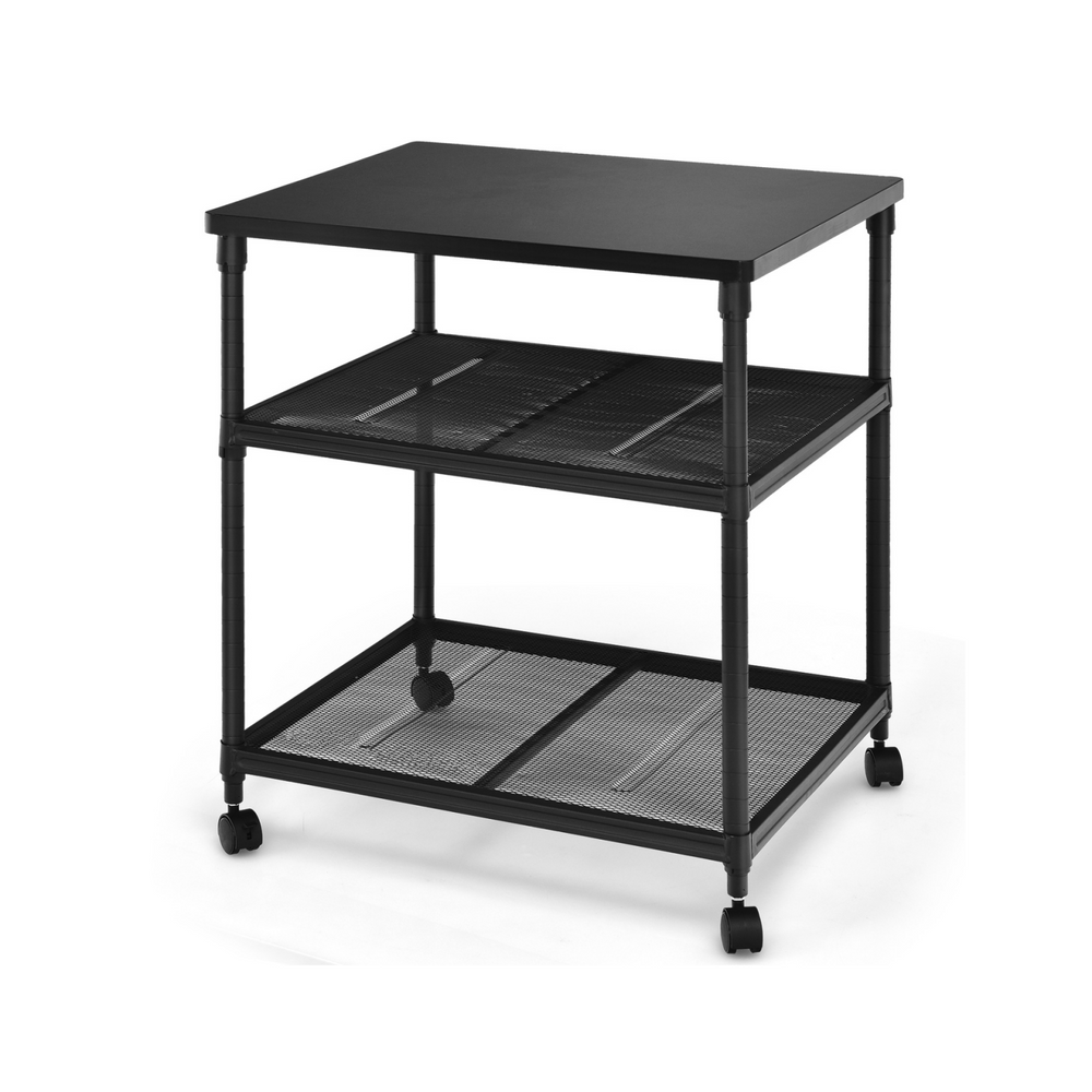 3-tier black printer stand with adjustable shelves and swivel wheels for versatile storage and easy mobility.