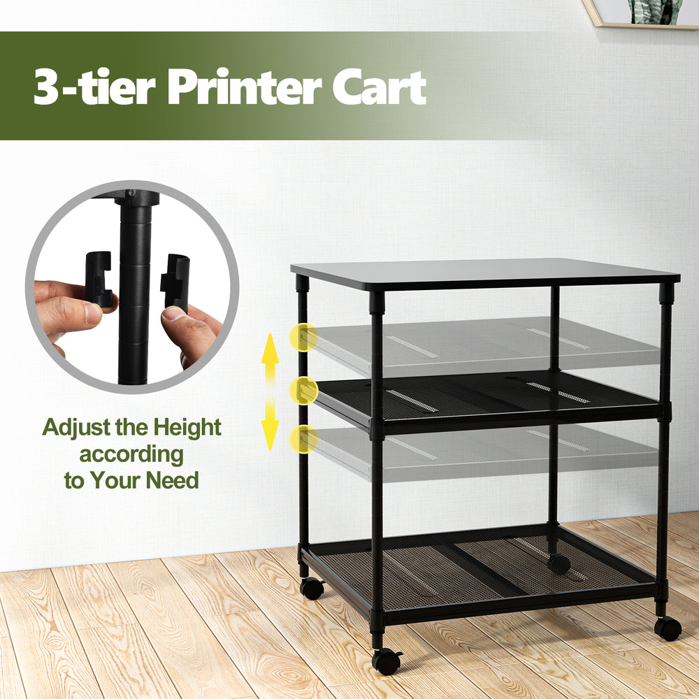3-tier printer cart in black with adjustable shelves and swivel wheels, ideal for office organization and mobility.
