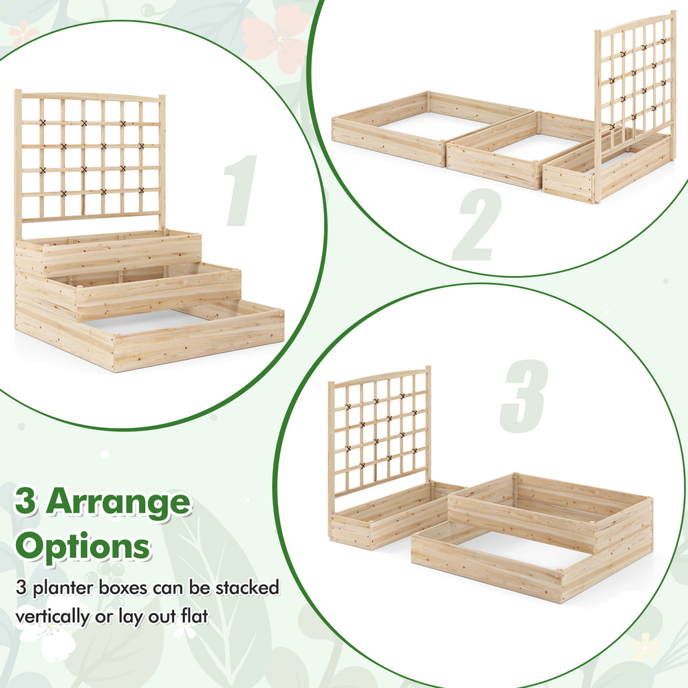 3-tier raised garden bed with lattice trellis, made of fir wood, suitable for various plants, can be stacked or laid.
